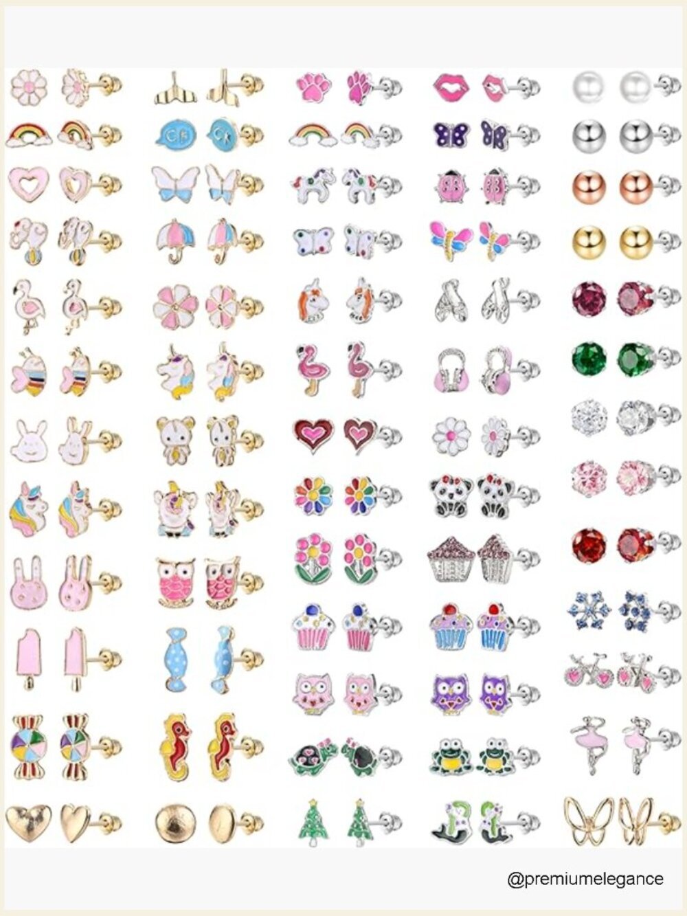 63 Pairs Hypoallergenic Stud Earrings Set - Cute Stainless Steel Earrings for